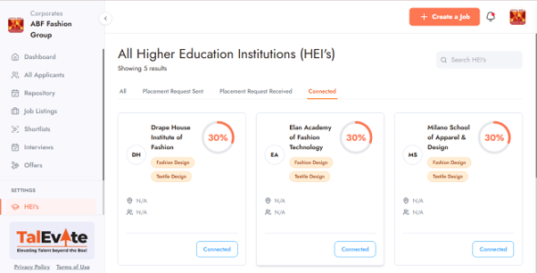 TalEvate dashboard listing partner higher-education institutions available to connect