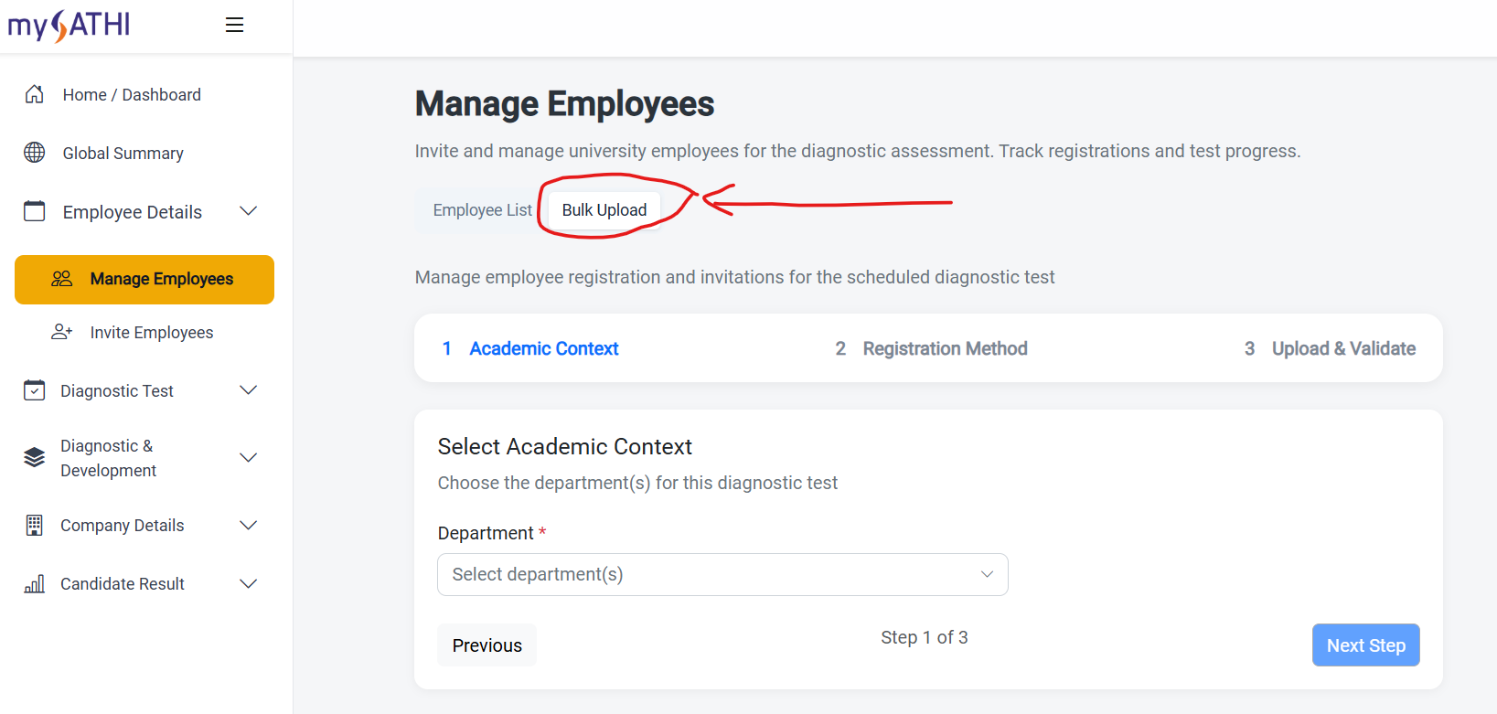Manage employees admin screen with bulk upload