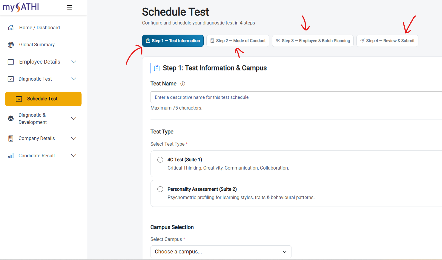 Schedule test interface with test information, mode of conduct, planning and review steps