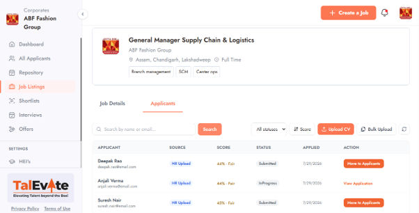 Job listing view with ranked applicants and their 4C scores