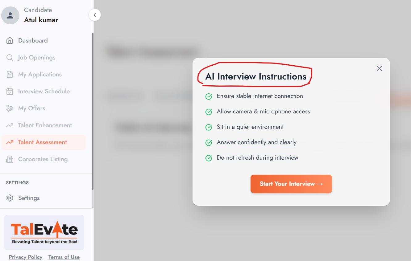 AI interview instructions screen before a candidate starts the interview