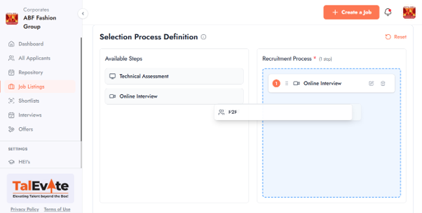 Selection process definition screen configuring the human interview round