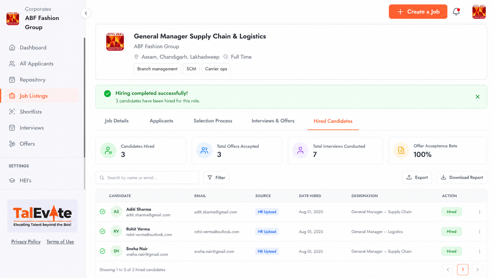 Job listing dashboard confirming hiring completed with the hired candidates