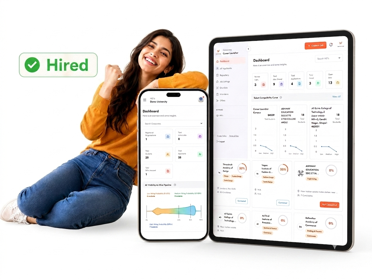 A hired graduate smiling in front of TalEvate recruiter and university dashboards