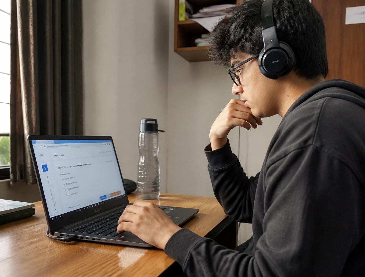 Indian college student taking an online assessment on a laptop