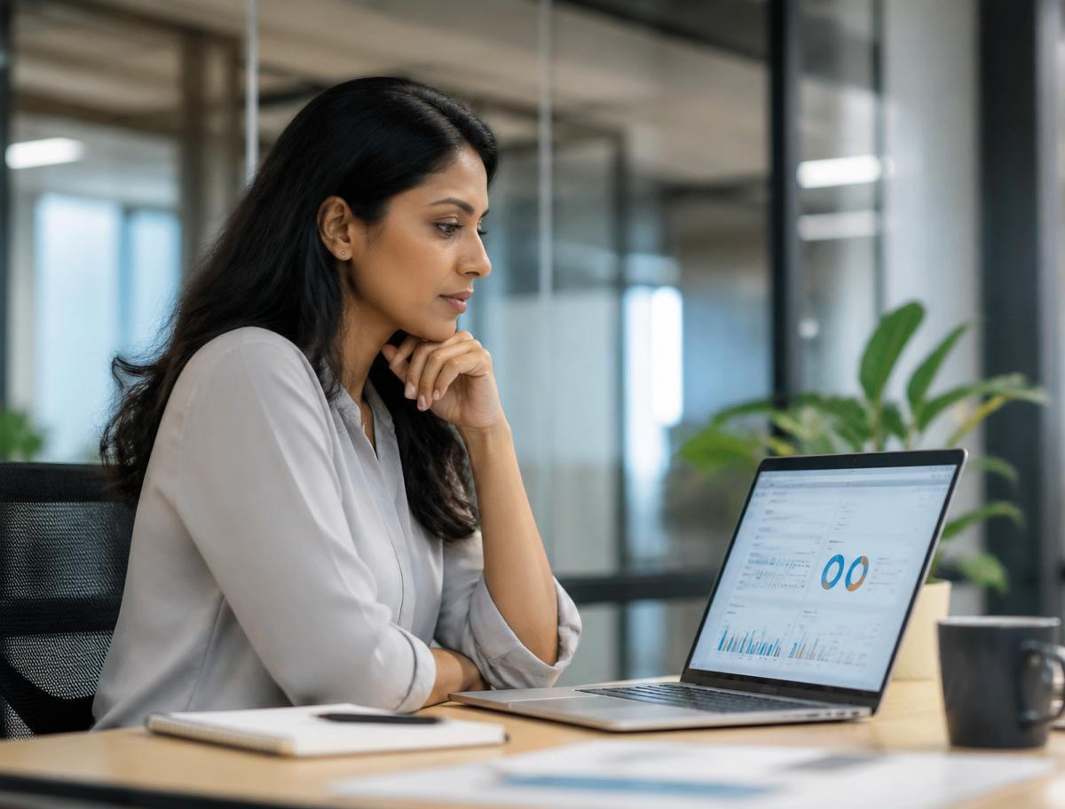 HR leader reviewing a recruiter dashboard in a modern office