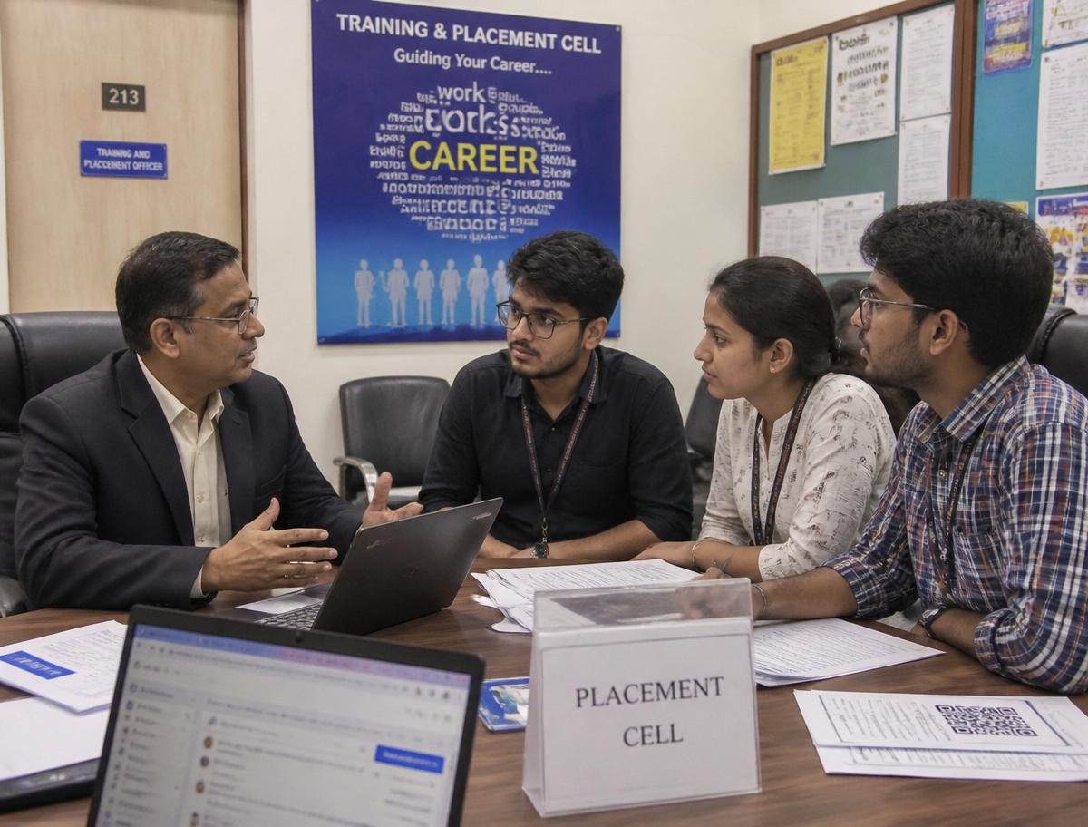 Professor and students at a university placement cell