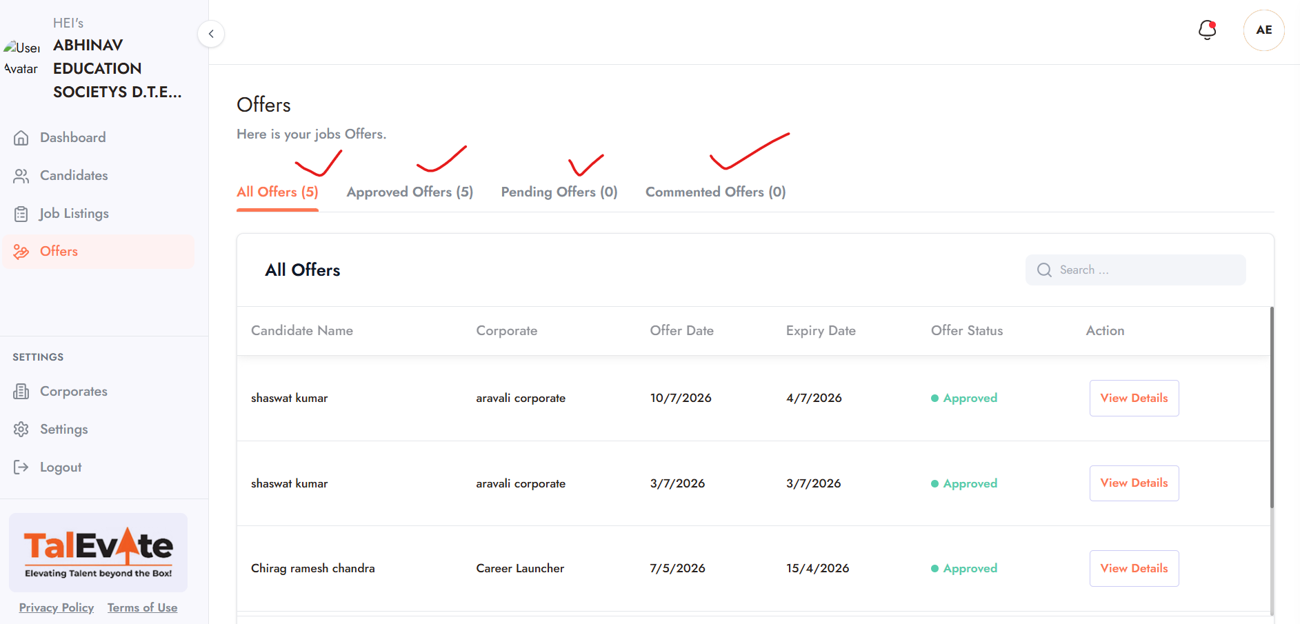 Student profile visible to corporates with shortlisting view